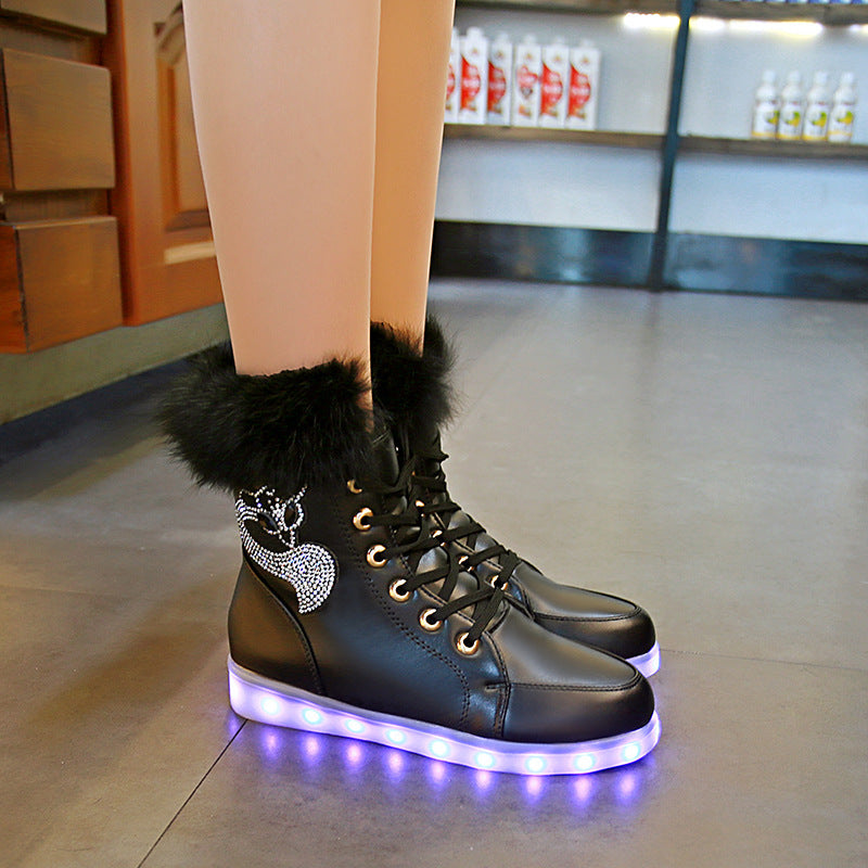 New LED Colorful Light Shoes USB Charging True Rabbit Fur Snow Boots