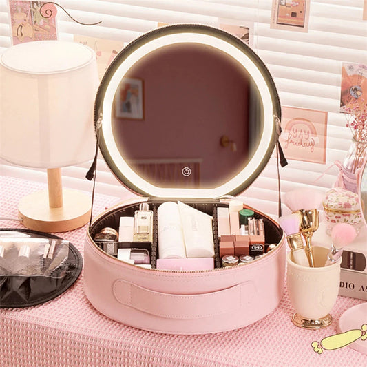 Round Smart LED Makeup Bag With Mirror Lights Women Beauty Bag Large Capacity PU Leather Travel Organizers Cosmetic Case