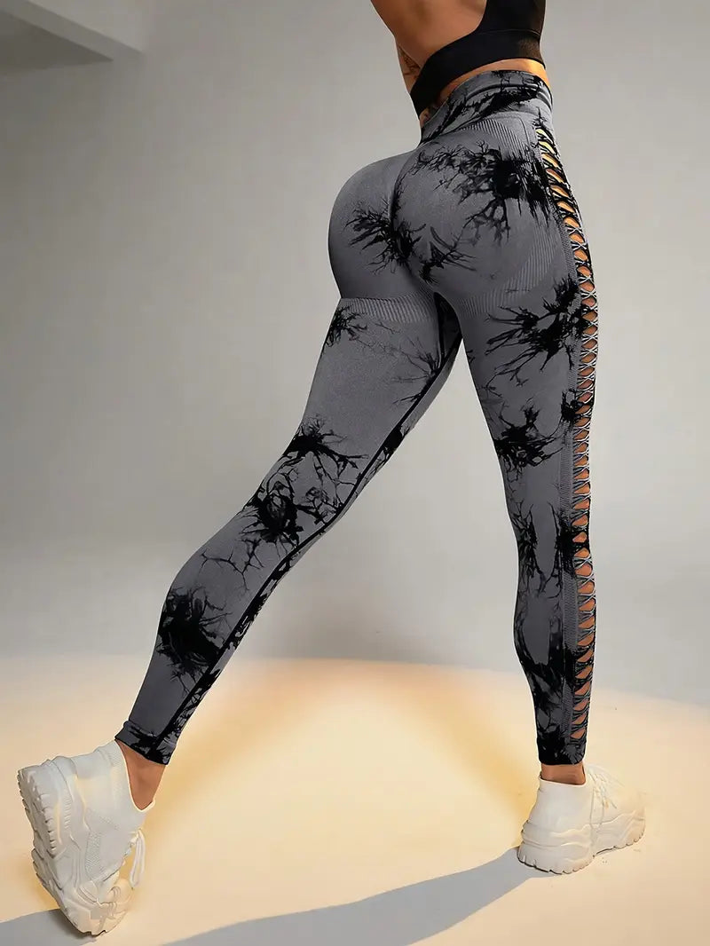 Women's High-Waisted Tights, Tie-Dye Cutout Athletic Leggings, Gym Yoga Pants, Stretchy Sports Leggings, Breathable Running Tights