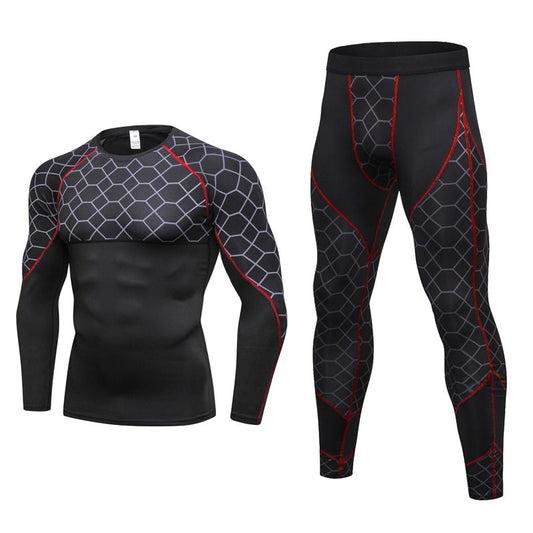 Men's Compression Run jogging Suits Grid Clothes Sports Set Long t shirt And Pants Gym Fitness workout Tights clothing 2pcs Sets