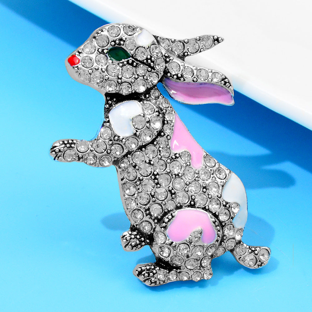 Diamond Rabbit Brooch Enamel Cute Cartoon Pin Small Animal Clothing Zodiac Design Corsage Niche