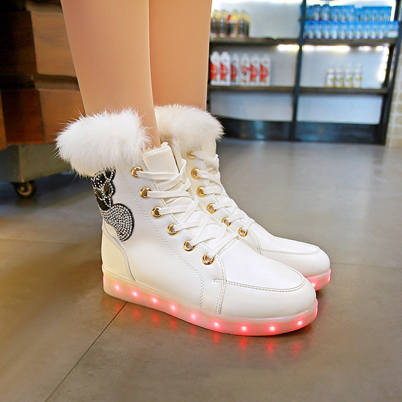 New LED Colorful Light Shoes USB Charging True Rabbit Fur Snow Boots