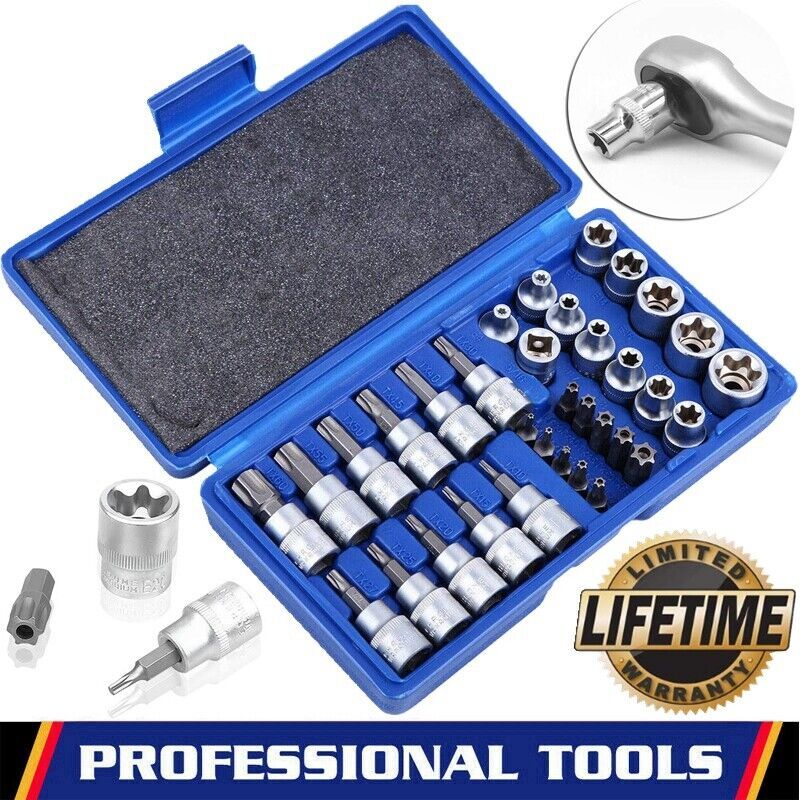 34Pcs Torx Torque Tork Star Bits Drive Male Female 3-8 Chrome Sockets Set Tool