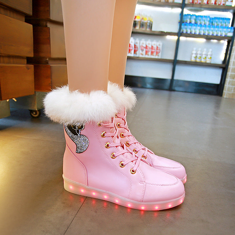 New LED Colorful Light Shoes USB Charging True Rabbit Fur Snow Boots