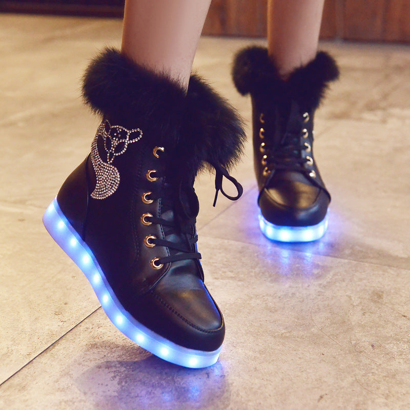 New LED Colorful Light Shoes USB Charging True Rabbit Fur Snow Boots