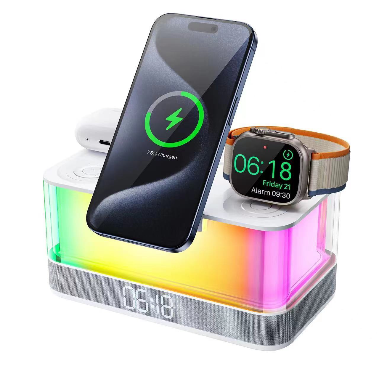 Desktop Bluetooth Speaker Clock Ambience Light Magnetic Wireless Charger