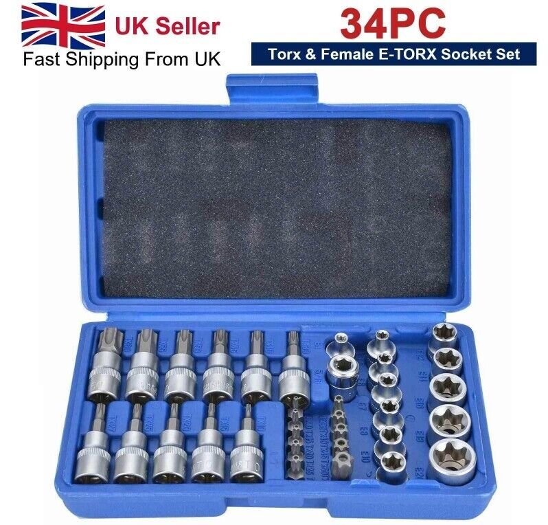 34Pcs Torx Torque Tork Star Bits Drive Male Female 3-8 Chrome Sockets Set Tool