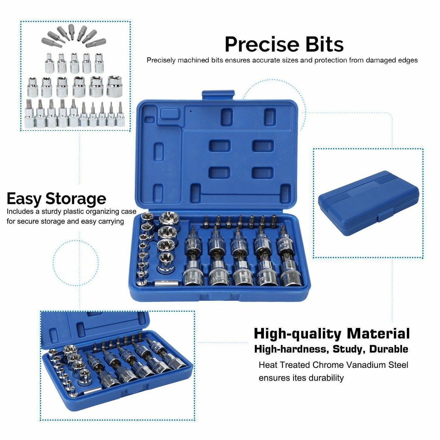 34Pcs Torx Torque Tork Star Bits Drive Male Female 3-8 Chrome Sockets Set Tool